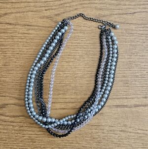 Premier Designs Layered Black Faux Pearl Crystal Chunky Statement Necklace 18"